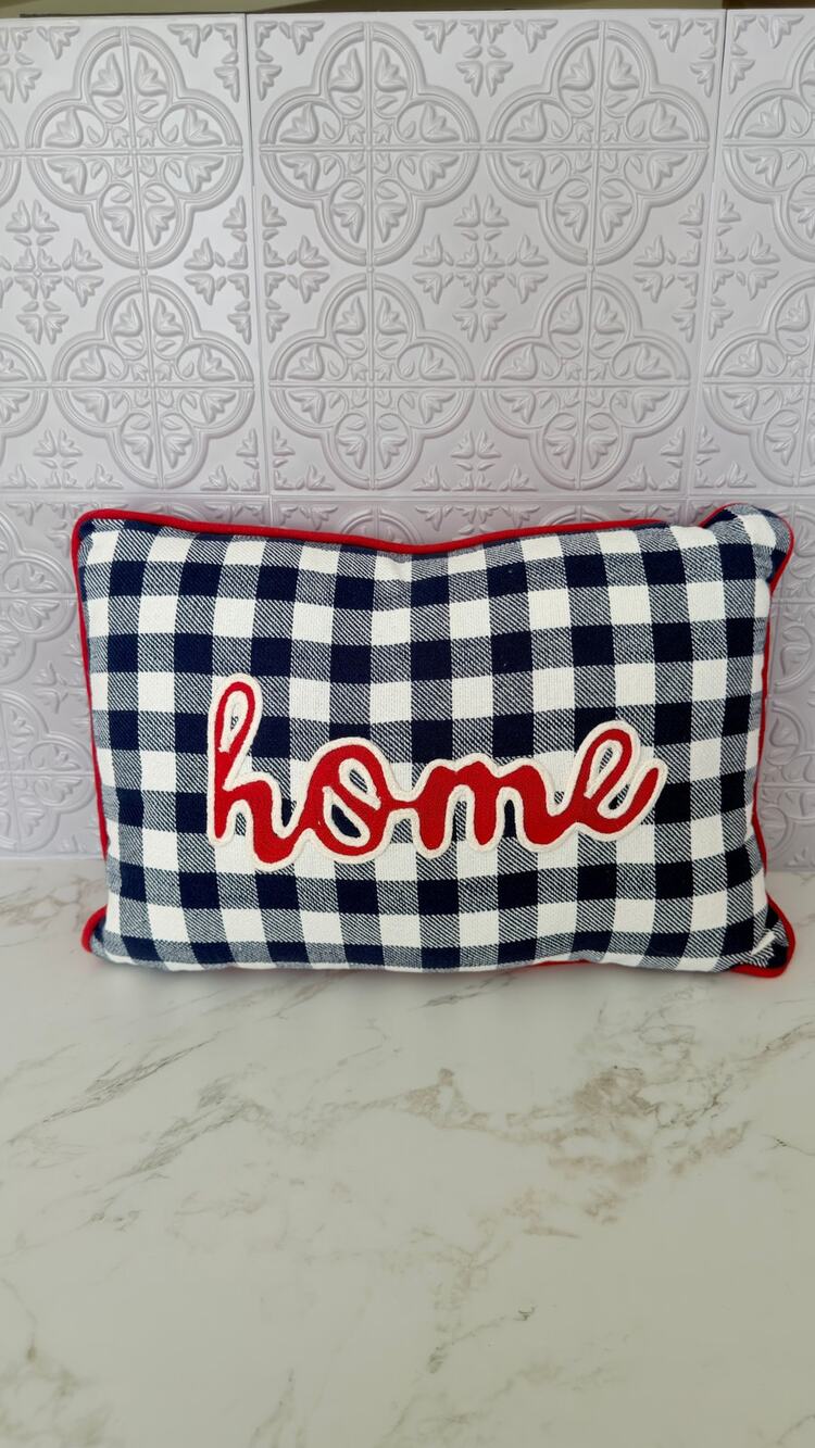 Farmhouse Blue Buffalo Check "Home" Embroidered Decorative Pillow NEW